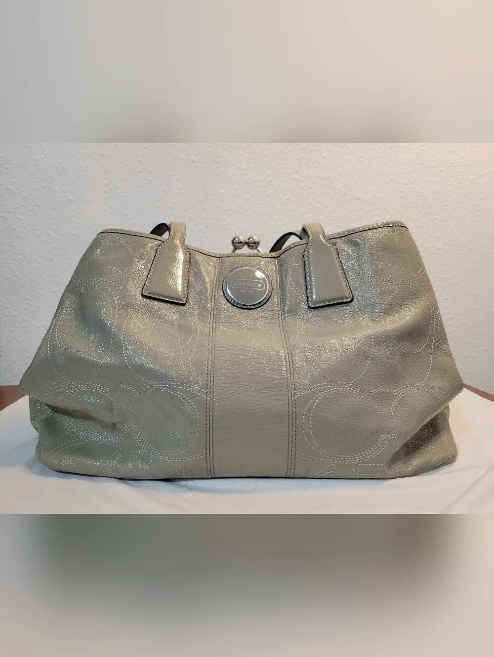 Coach Patent Leather Satchel in Light Gray